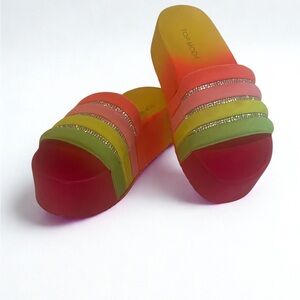 Top Moda Rainbow Ombre Platform Y2K Neon Wide Strap Slip-On Slides Size 6